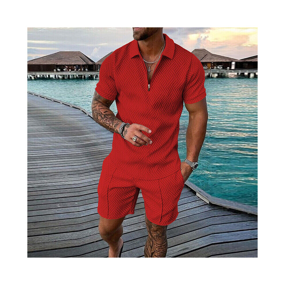 (Red, L) Summer Mens Short Sleeve Shirts and Shorts Set