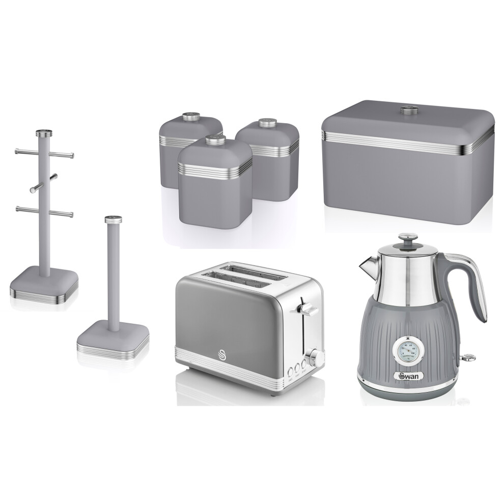 SWAN Retro Grey Jug Dial Kettle 2 Slice Toaster & Kitchen Storage Set