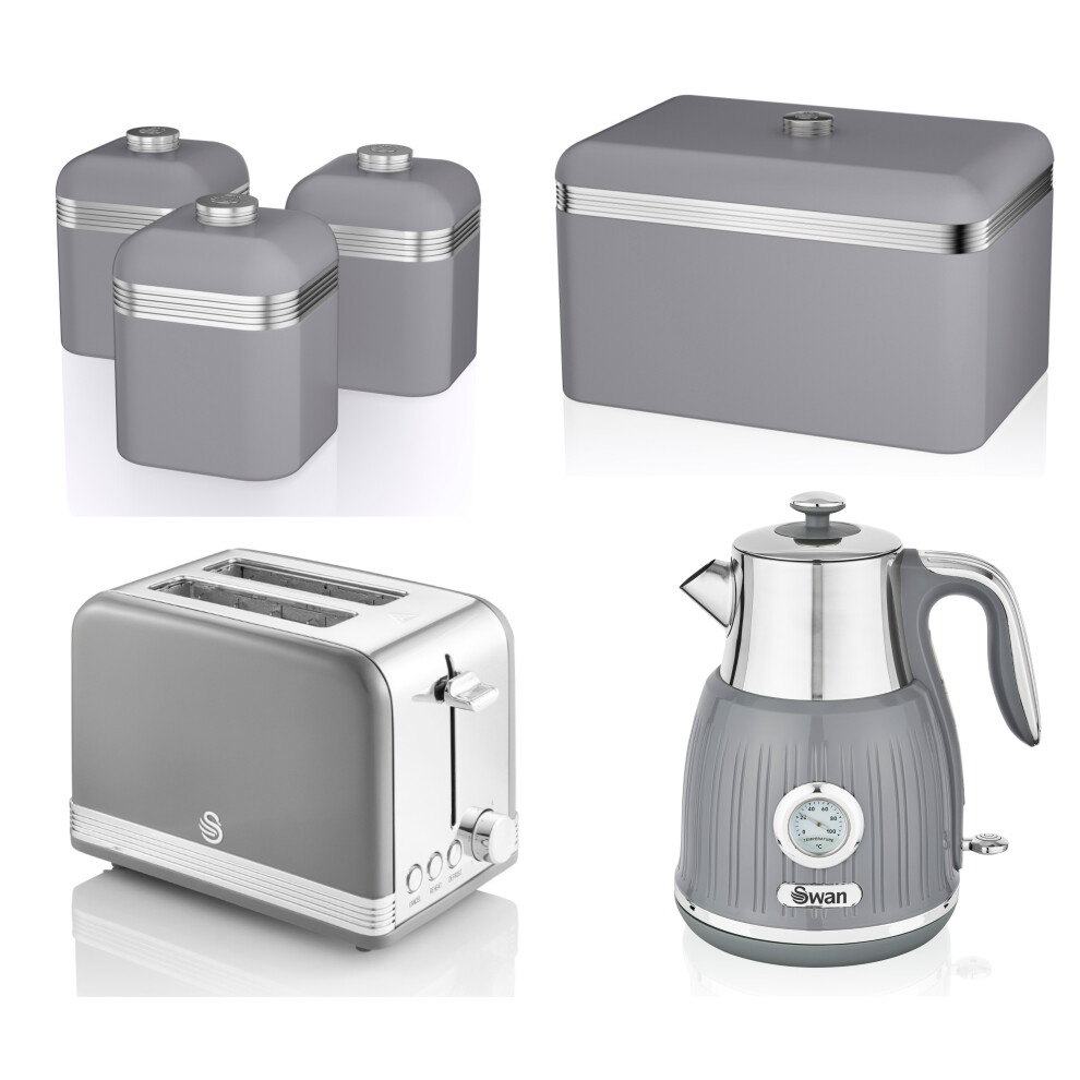 SWAN Retro Grey Jug Dial Kettle 2 Slice Toaster Bread Bin & Canisters