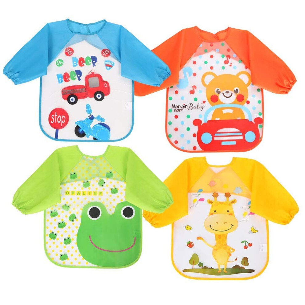 Bibs with Sleeves,4 Pcs Waterproof Long Sleeve Bib Unisex Feeding Bibs Apron for Infant Toddler 6 Months to 3 Years Old