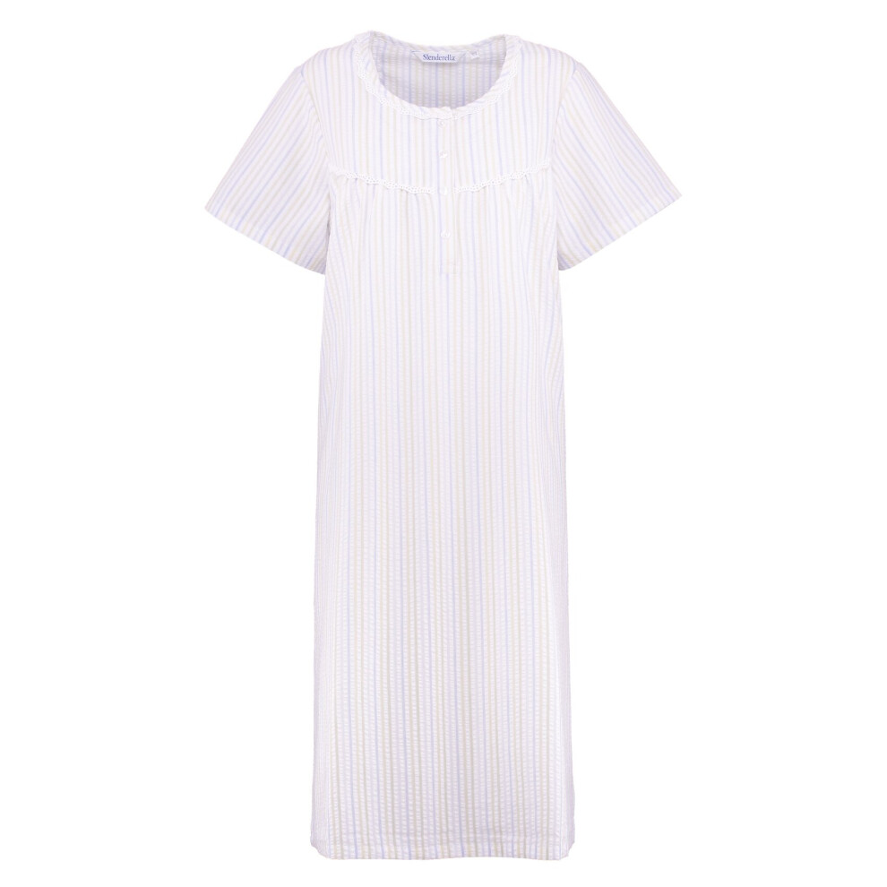 (Blue, UK 28/30) Slenderella Ladies Seersucker Stripe Short Sleeve Lace Trim Nightdress