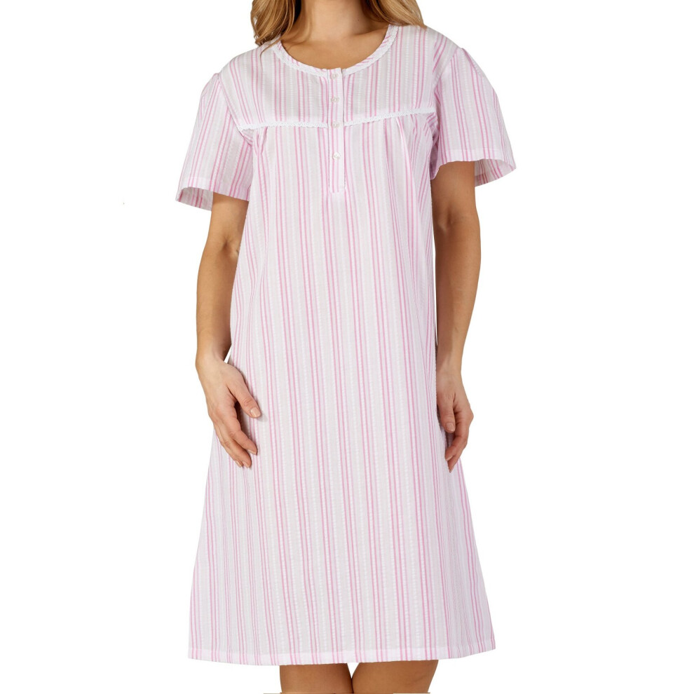 (Pink, UK 24/26) Slenderella Ladies Seersucker Stripe Short Sleeved Nightdress