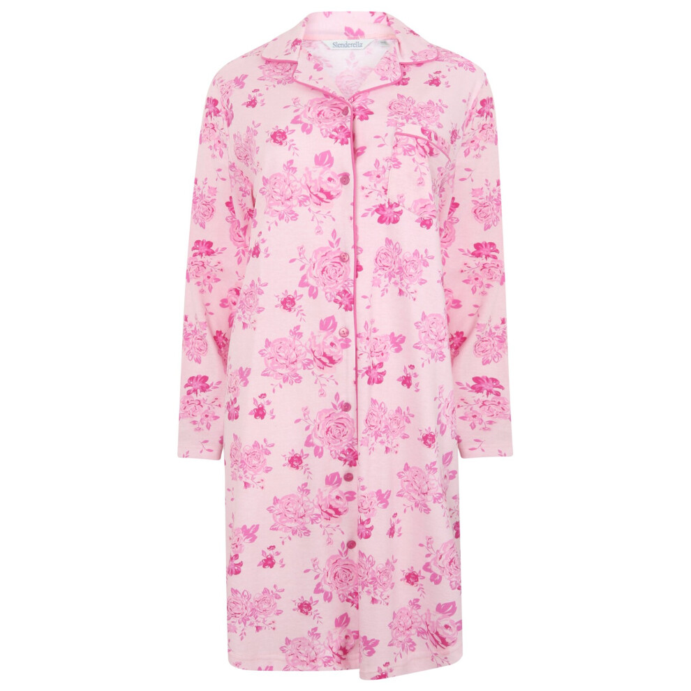 (Pink, UK 12/14) Slenderella Ladies Modern Floral Cotton Jersey Long Sleeve Nightshirt