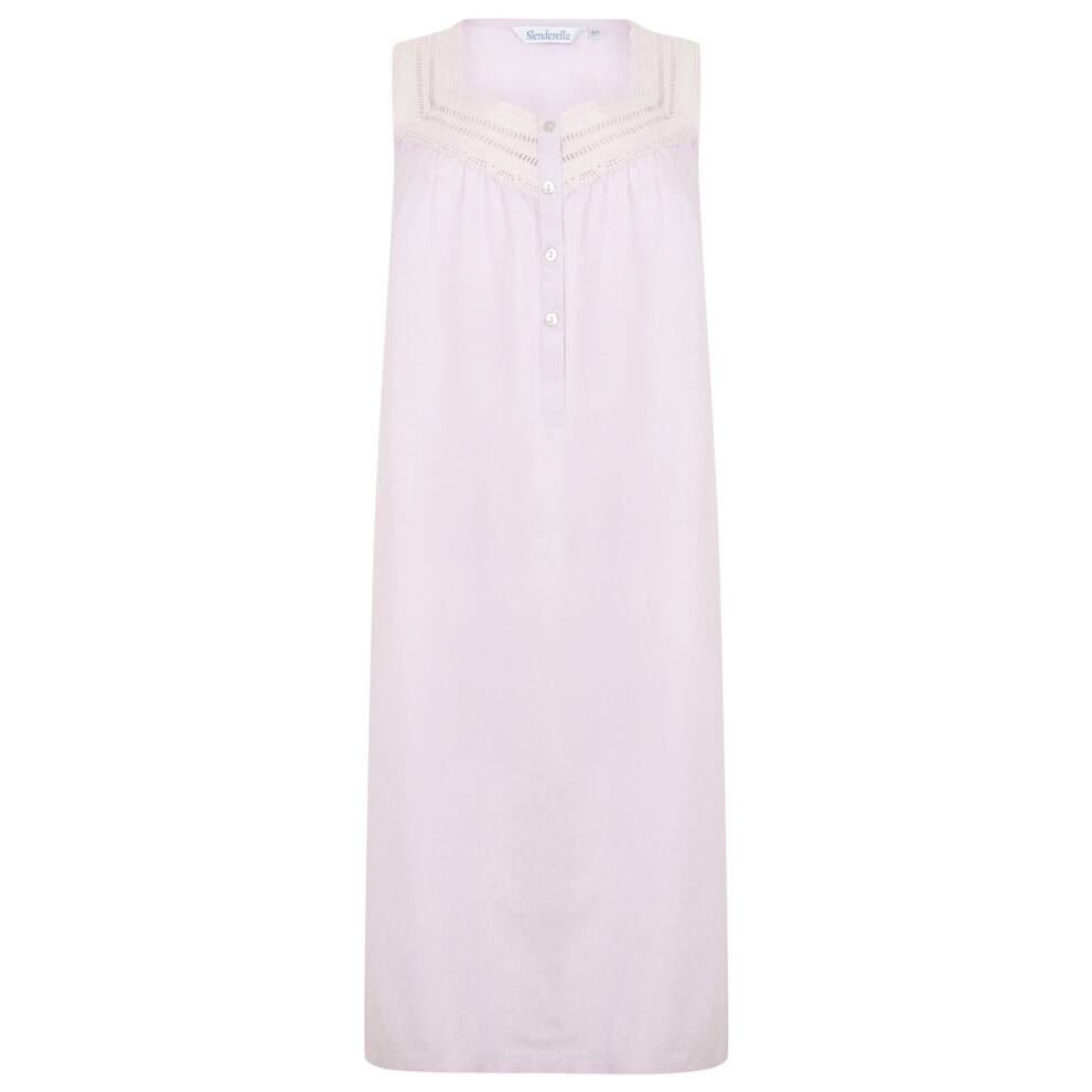 (Lilac, UK 10/12) Slenderella Ladies Cotton Dobby Dot Sleeveless Broderie Trim Nightie