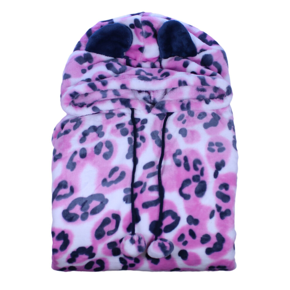 (Pink, Large - UK 16/18) Slenderella Ladies Soft Mink Fleece Animal Print Hooded Pyjamas