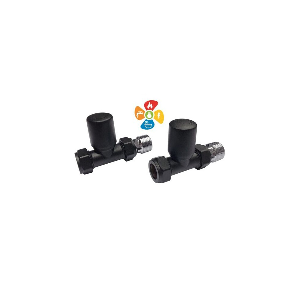 Matt Black Modern Straight Radiator Valves Heated Towel Rail Valve Pair 15mm LPS