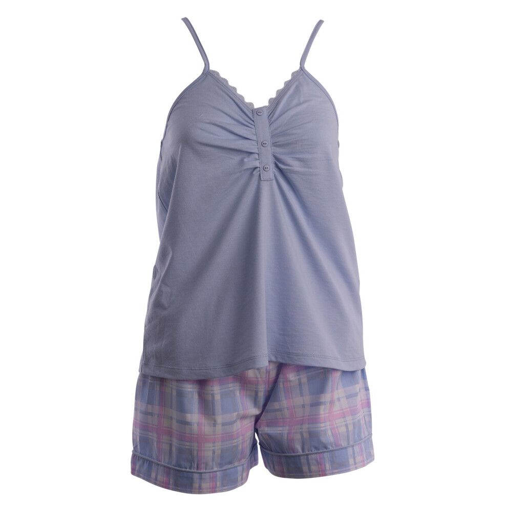 (Blue, UK 20/22) Slenderella Ladies Spaghetti Strap Jersey Top & Tartan Shorts Pyjamas