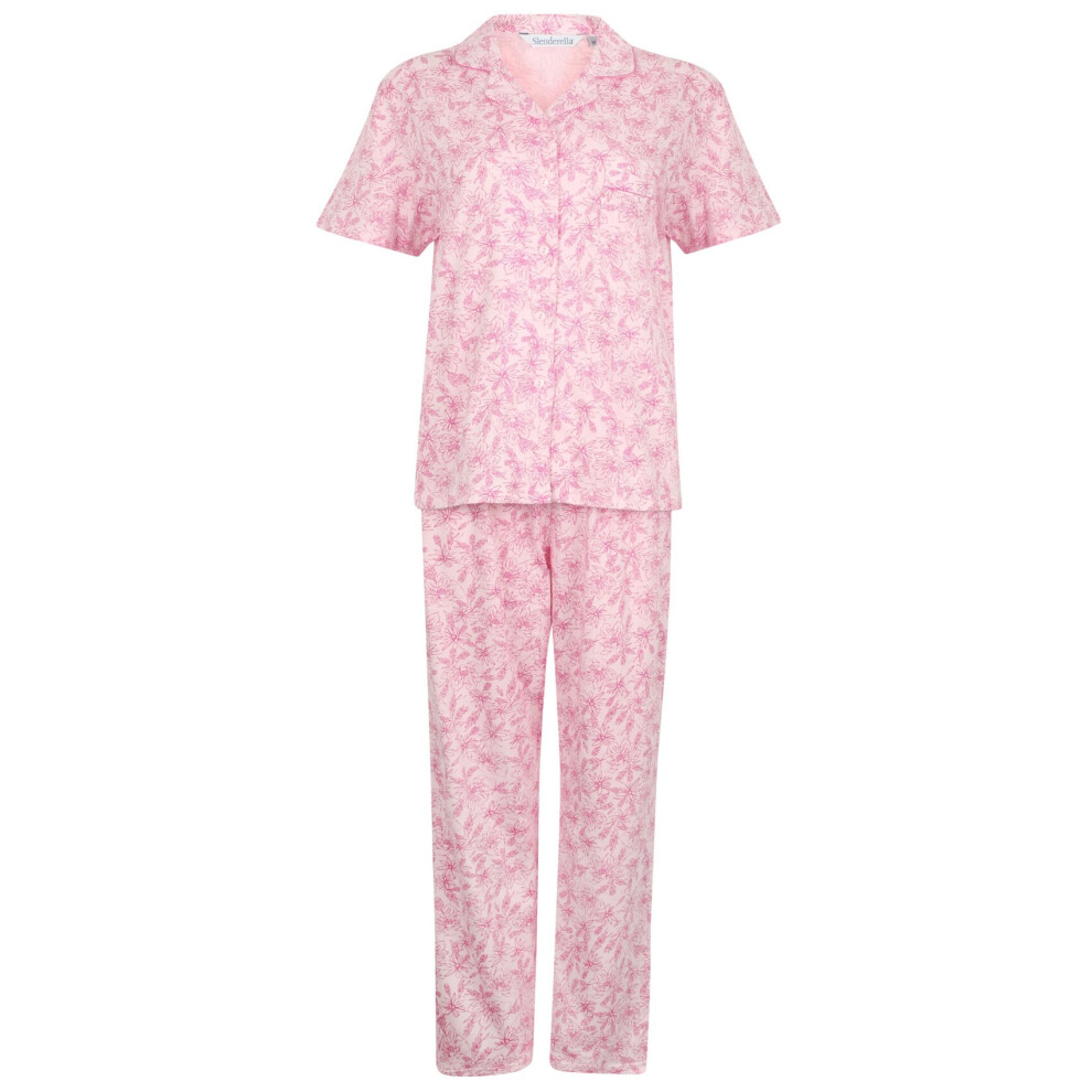 (Pink, UK 10/12) Slenderella Ladies Floral Meadow Jersey Cotton Pyjamas