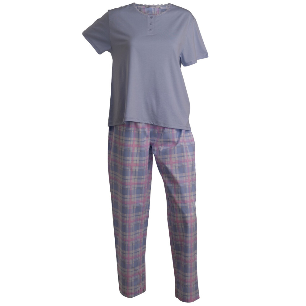 (Blue, UK 10/12) Slenderella Ladies Lightweight Jersey Top & Tartan Bottoms Pyjamas