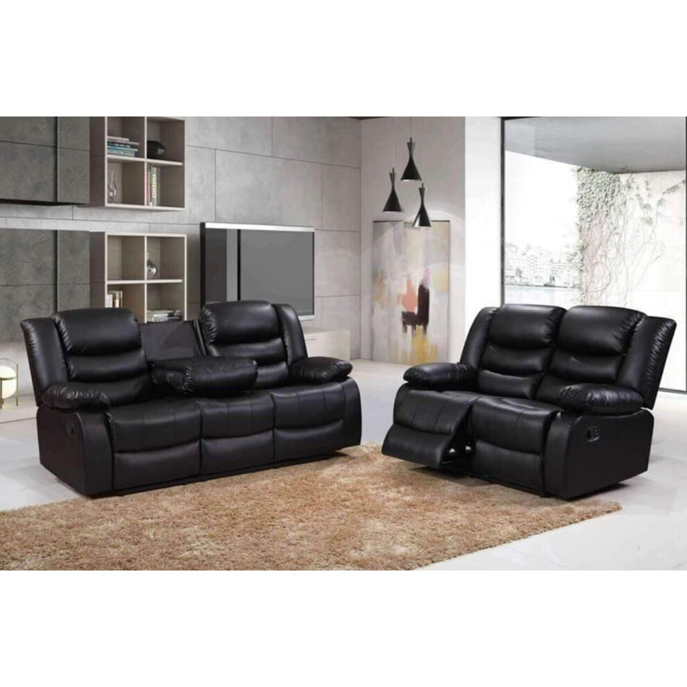 (Black) Roma Recliner 3+2 Seater Leather Sofa Set