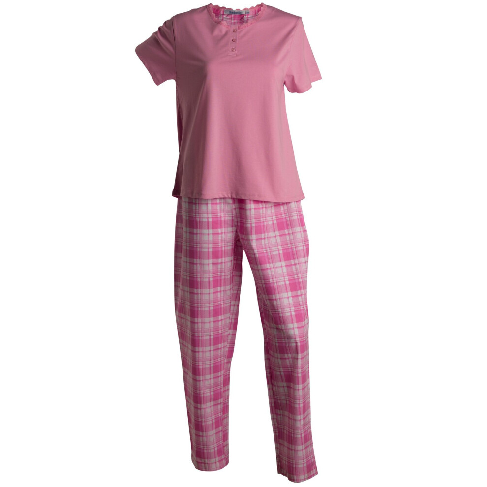 (Pink, UK 12/14) Slenderella Ladies Lightweight Jersey Top & Tartan Bottoms Pyjamas