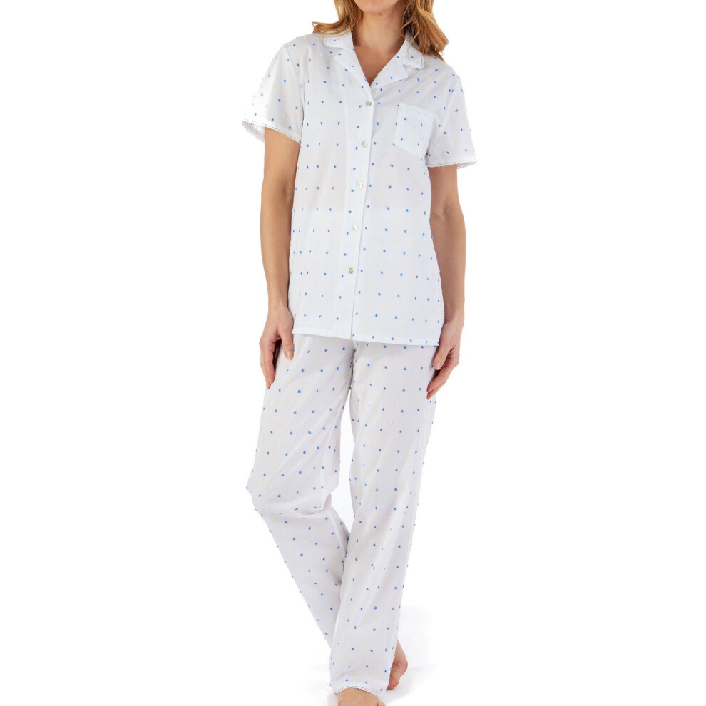 (Blue, UK 20/22) Slenderella Ladies Dobby Dot Cotton Button Top Trouser Bottoms Pyjamas