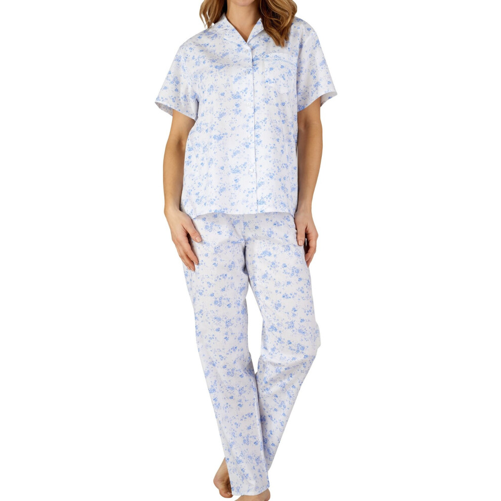 (Blue, UK 20/22) Slenderella Ladies Floral Button Up Top & Trousers Bottoms Pyjamas