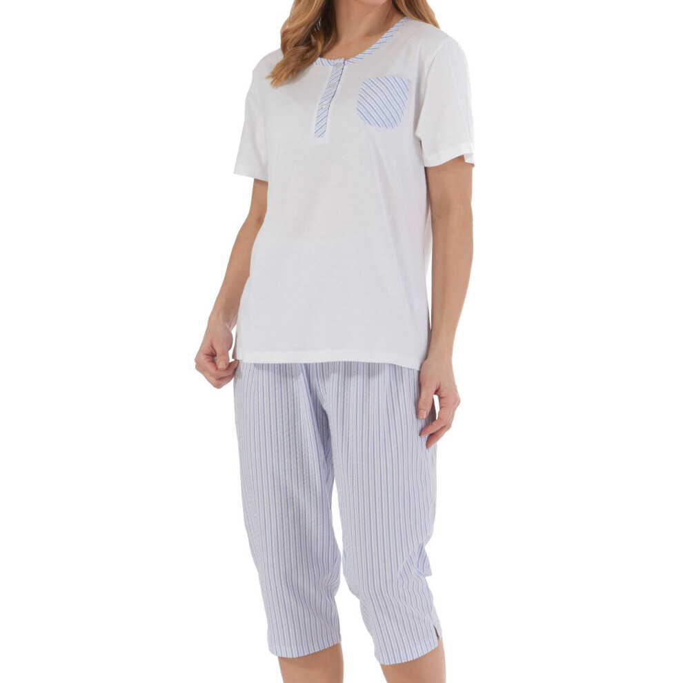 (Blue, UK 28/30) Slenderella Ladies Jersey Top & Cropped Seersucker PJ Bottoms Pyjamas