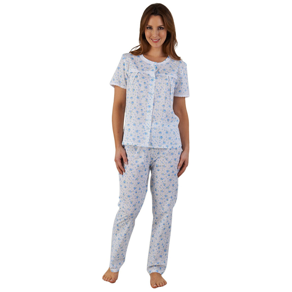 (Blue, UK 10/12) Slenderella Ladies Floral Lace Trim Button Up Top & Bottoms Pyjamas