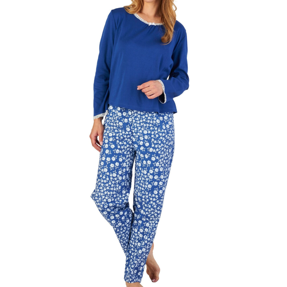 (Navy, UK 20/22) Slenderella Ladies Cotton Long Sleeve Top & Flower PJ Bottoms Pyjamas