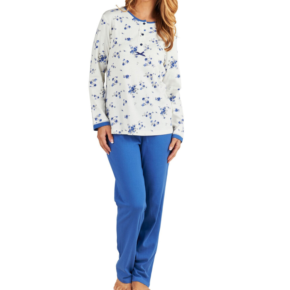 (Blue, UK 10/12) Slenderella Ladies Jersey Cotton Floral Top & Plain Bottoms Pyjamas