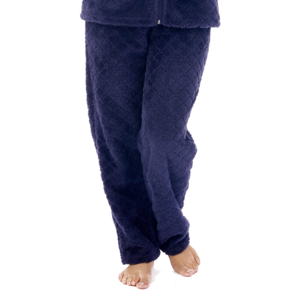 (Indigo - Lounge Pants, Small - UK 10/12) Slenderella Ladies Diamond Fleece Pyjamas Zip Up Top & Trouser Bottoms