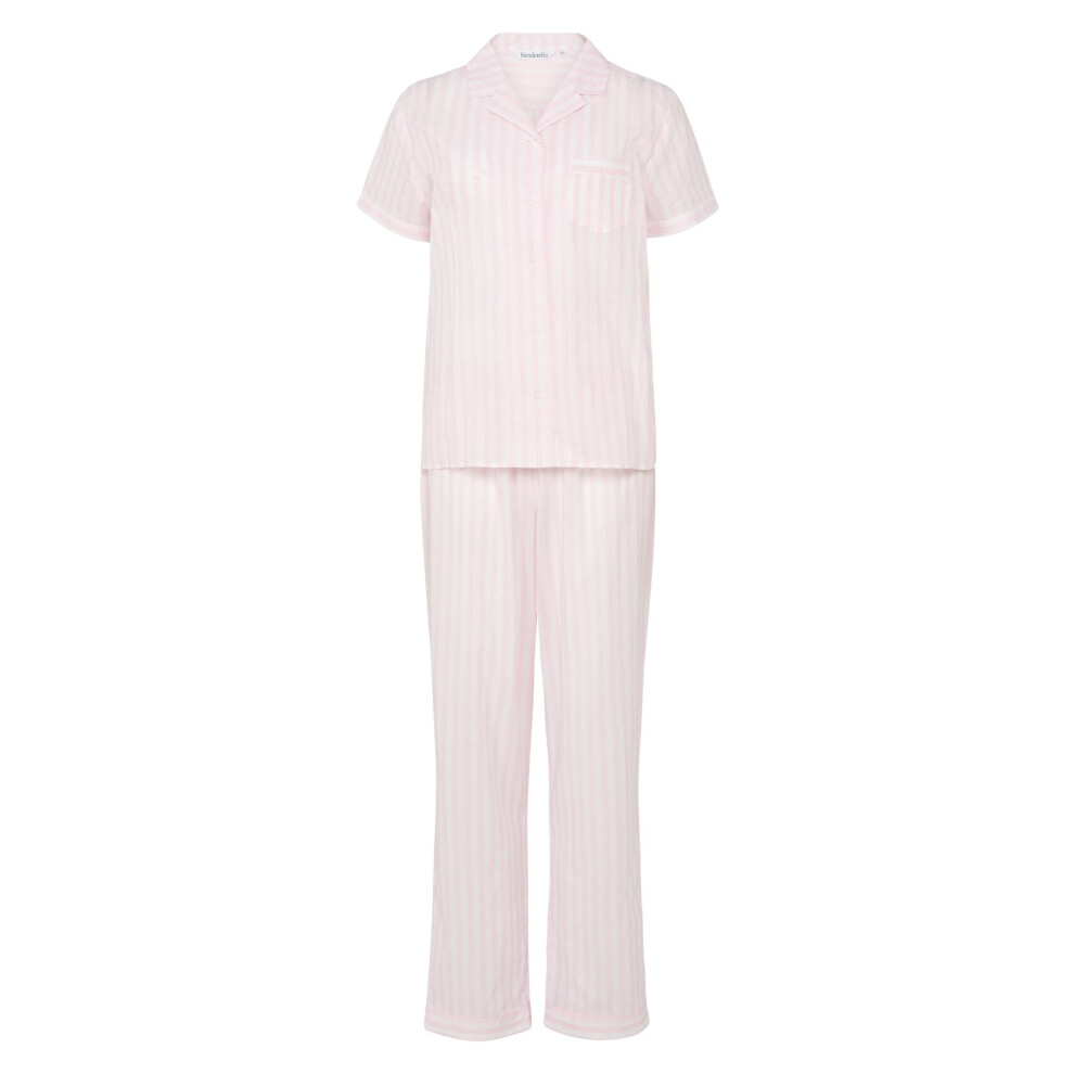 (Pink, UK 10/12) Slenderella Ladies Striped Cotton Button Top & Trouser Bottoms Pyjamas