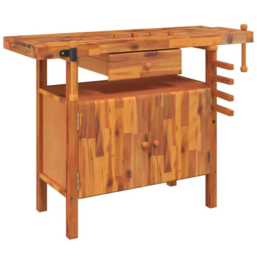VidaXL vidaXL Solid Wood Acacia Workbench with Drawer and Vices Wooden Work Table