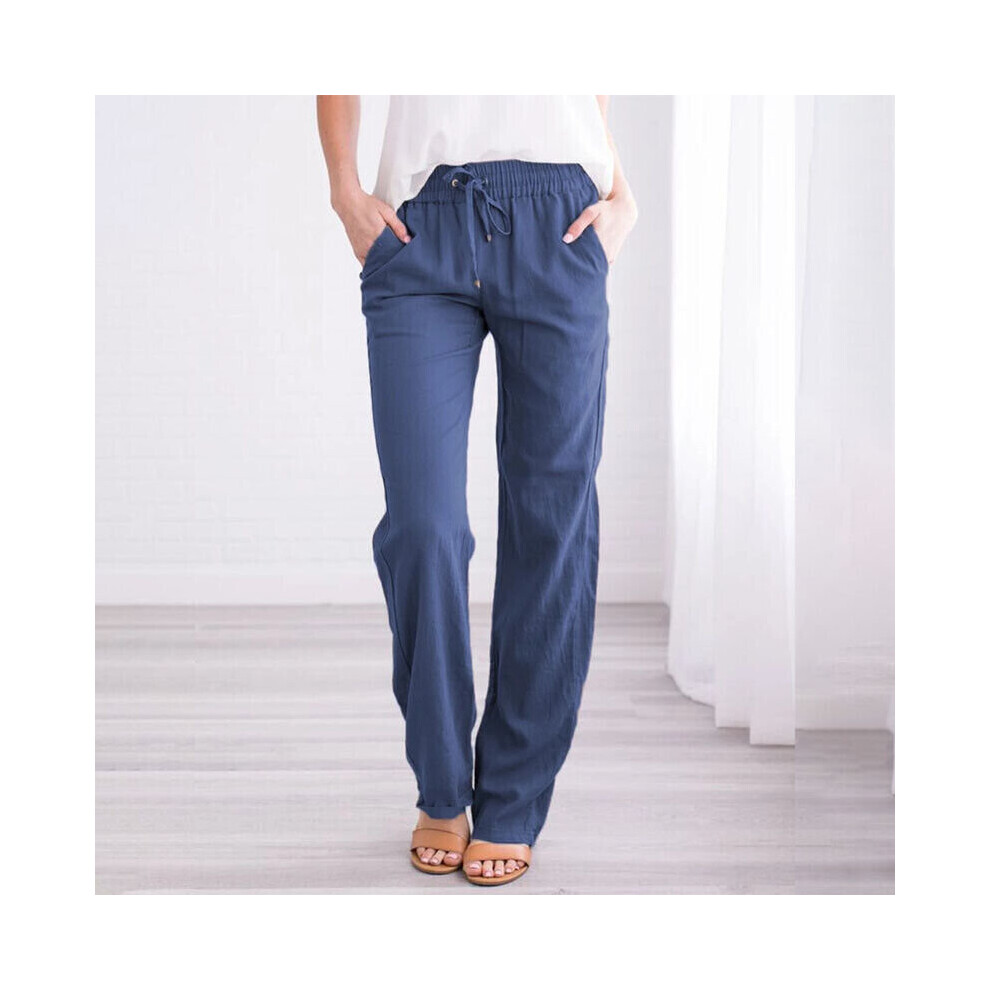 (Blue, 3XL=UK 20) Women Cotton Linen Plain Trousers Pants Ladies Elastic Waist Bottoms Trousers-image-OPC-PBJMPTW-NEW