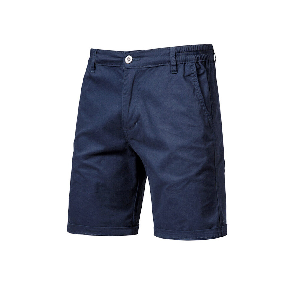 (Navy Blue, 34) Mens Solid Chino Summer Casual Half Pants Cotton Cargo Combat Slim Fit Shorts