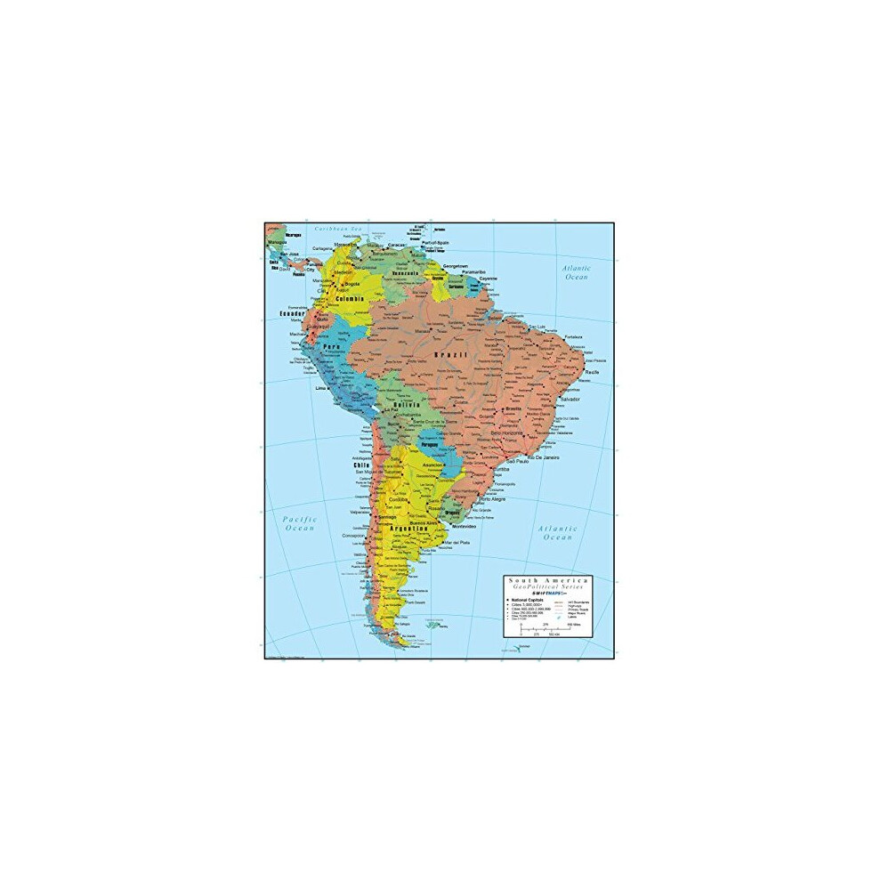 South America Wall Map Laminated GeoPolitical Edition by Swiftmaps A2 ...