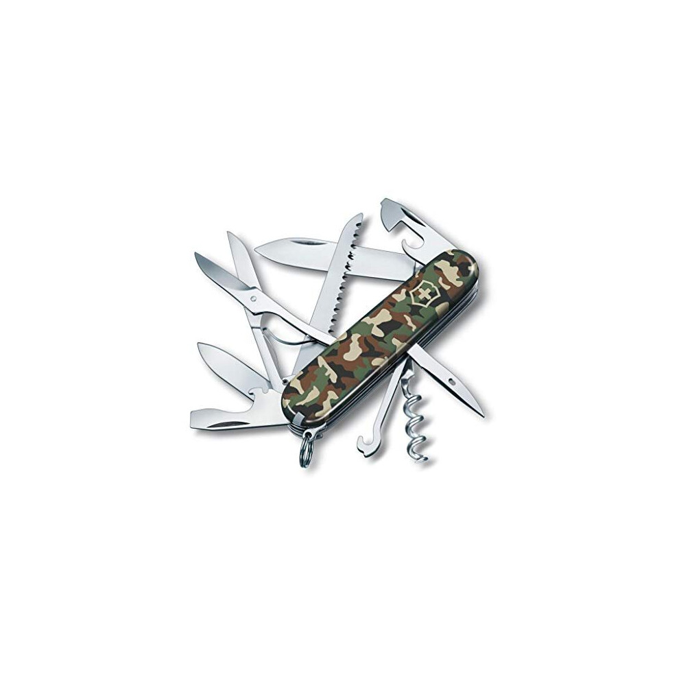 Huntsman Swiss Army Pocket Knife Medium Multi Tool 15 Functions Large Blade Bottle Opener Camouflage