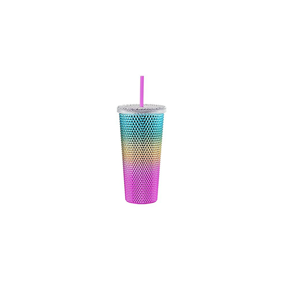 Studded Tumbler with Lid and Straw Reusable Cup with Straws Lids Plastic Water Bottle Iced Coffee Travel Mug Cup Rainbow