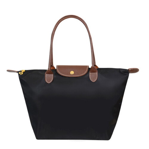 (Black	, M) Womens Shoulder Handbag Foldable Shopper Bag