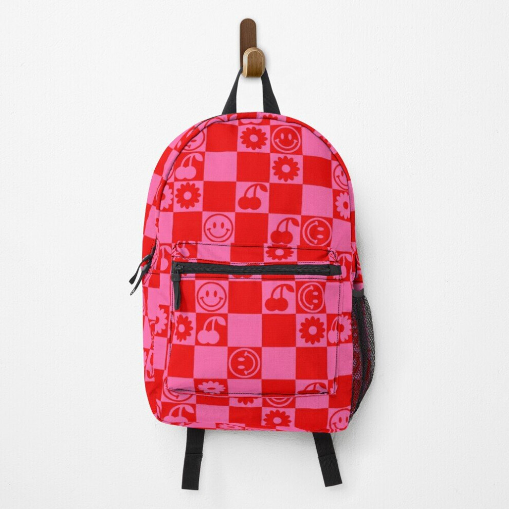 Backpack HAPPY CHECKERS - pink and red School Bag Travel 15"