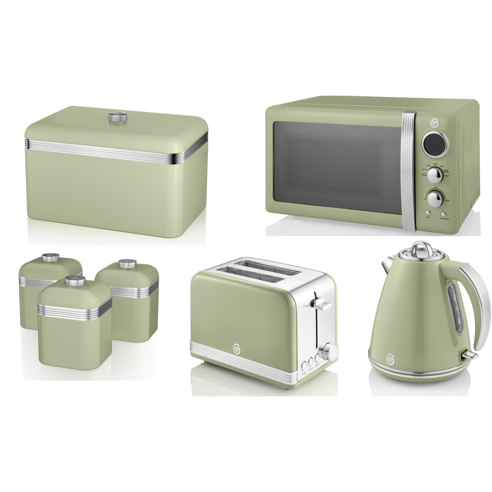 SWAN Retro Green Jug Kettle Toaster Microwave Breadbin Canisters Set