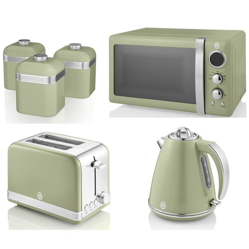 SWAN Retro Green Jug Kettle 2 Slice Toaster Microwave & Canisters Set