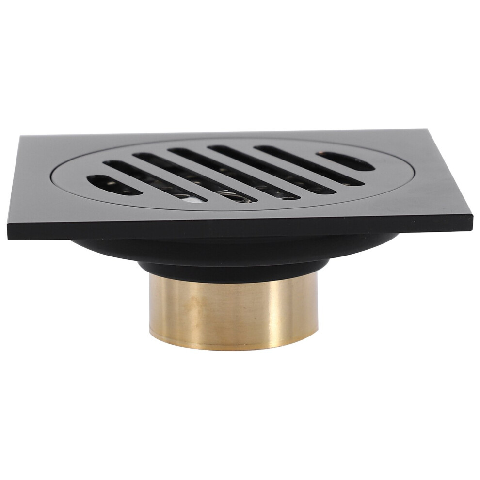 4 Inch Square Shower Drain with Removable Cover Grate, Brass Anti Clogging and Odor Point Floor Drain Assembly with Hair Catcher Strainer, Black