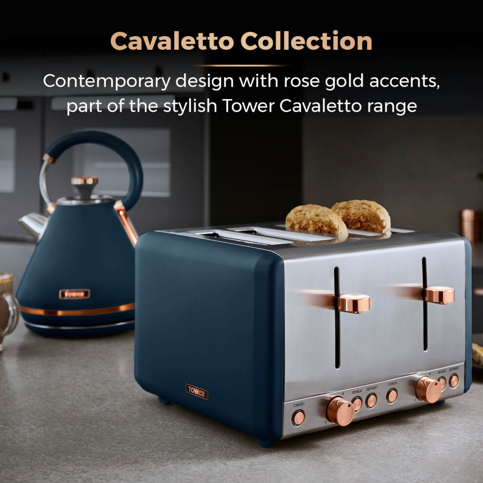 TOWER Cavaletto Pyramid Kettle & 4 Slice Toaster Midnight Blue/Rose Gold