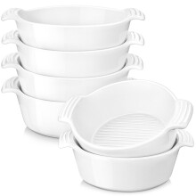 MALACASA 6/12-Piece 230ML Ceramic White Porcelain Bake Plate Pans with Handle,Souffle Brulee Tapas Pie Baking Dishes Bakeware