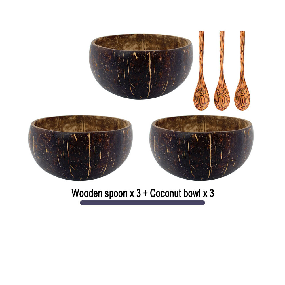 (3 spoon 3 bowl) Coconut Bowl Set Spoon Fruit Salad Noodle Rice Bowl Wooden Handmade Crafts Natural Coconut Shell Noodle soup Bowl Mixing Bowl-image-OPC-PBNQW67-NEW