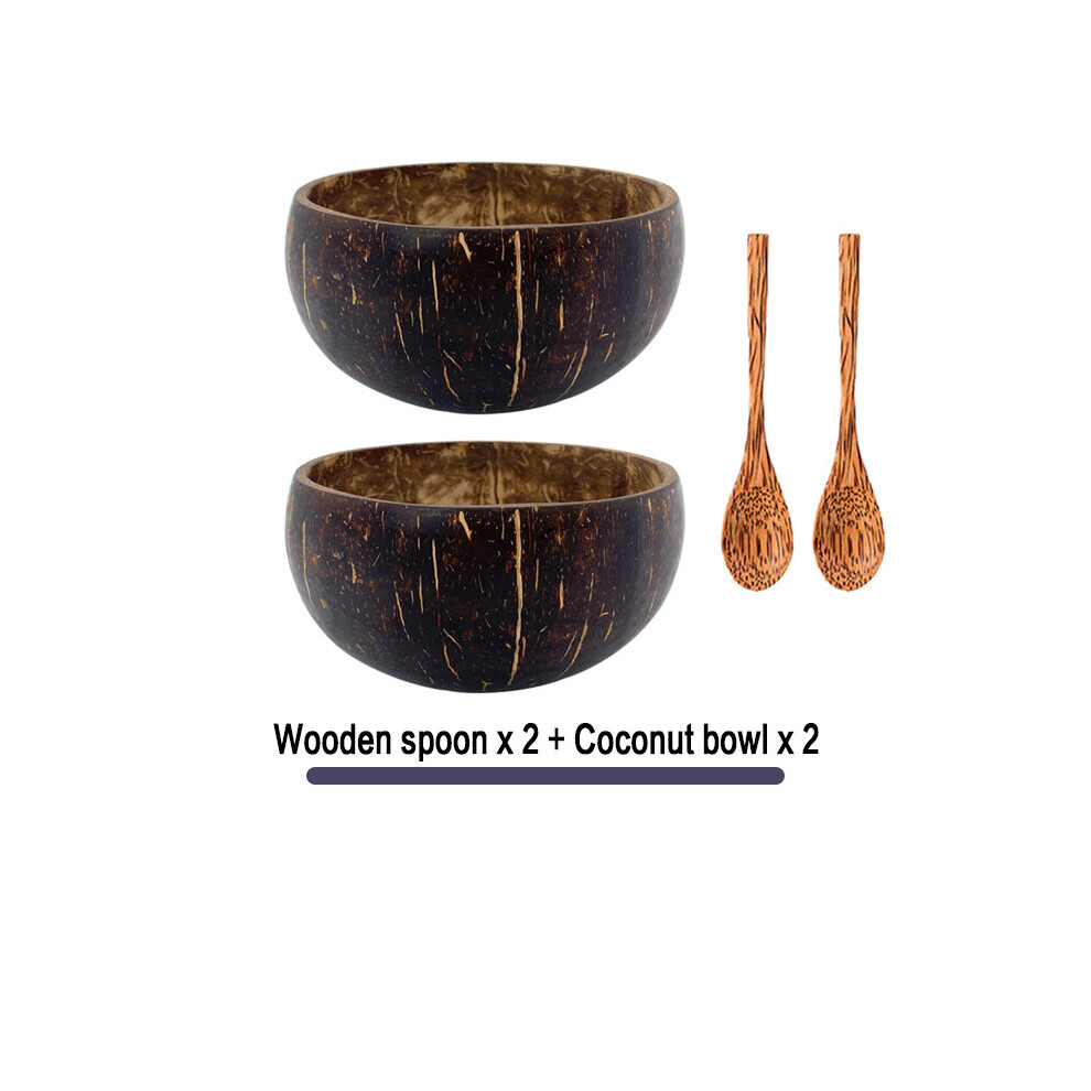 (2 spoon 2 bowl) Coconut Bowl Set Spoon Fruit Salad Noodle Rice Bowl Wooden Handmade Crafts Natural Coconut Shell Noodle soup Bowl Mixing Bowl-image-OPC-PBNQW65-NEW