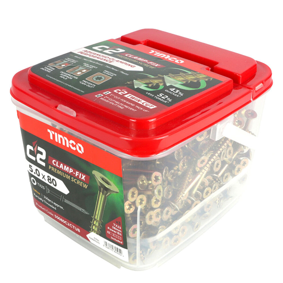 Timco C2 Clamp-Fix Multi-Purpose Premium Countersunk Woodscrews - 5 X 80Mm (350 Tub) Gold