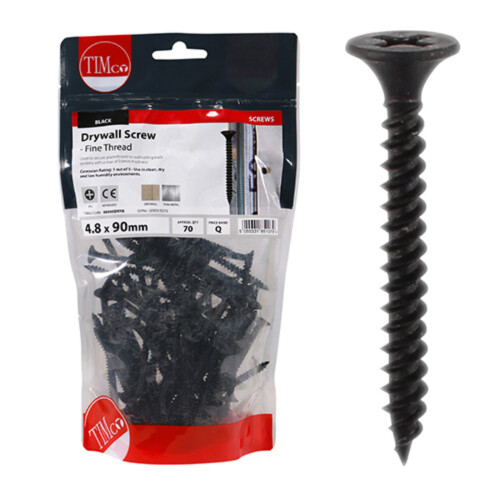 TIMco Timco Plasterboard Screws Fine Thread (Black) - 4.8 x 90mm (70 Pack Bag)