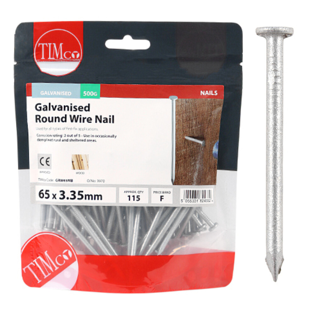 Timco Galvanised Round Wire Nails - 65 X 3.35 (0.5 Kilogram Pack)
