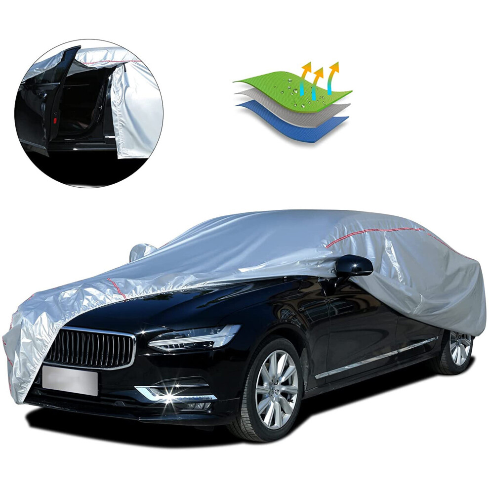 Universal Car Cover Zipper Design Waterproof Uv-Proof Windproof Car Cover For All Weather Indoor Outdoor Fit Sedan Hatchback Suv Silver 5063131441048