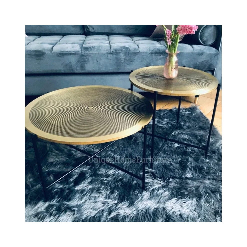 Industrial Coffee Table Set 2 Round Gold Brass Vintage Side End Tables Metal Nesting Furniture