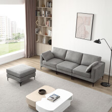 (3 Seater Sofa with Ottoman) ANEK 3 Seater Dark Grey Fabric Sofa with Ottoman and Pillows
