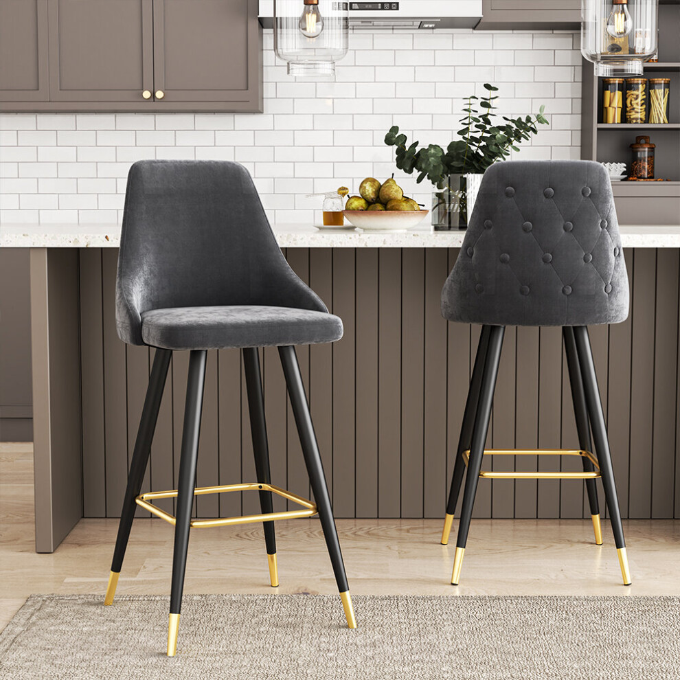 (Grey) 2x Velvet Bar Stools Kitchen Breakfast Pub Chairs High Counter Stool Restaurant