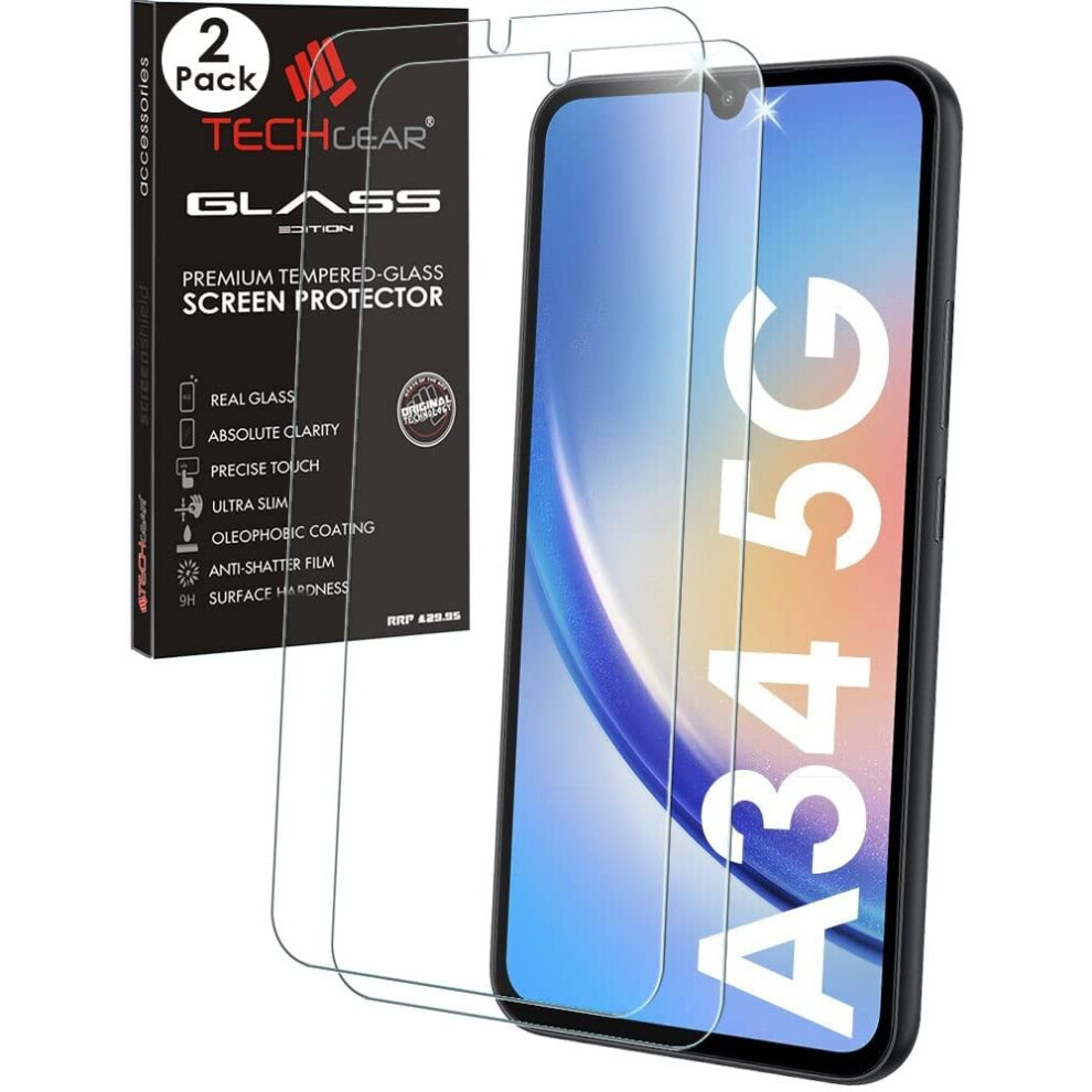 Techgear [2 Pack] Glass For Samsung Galaxy A34 5G, Tempered Glass Screen Protector Cover [9H Hardness] [Crystal Clarity] [Scratch-Resistant] [No-Bubble]