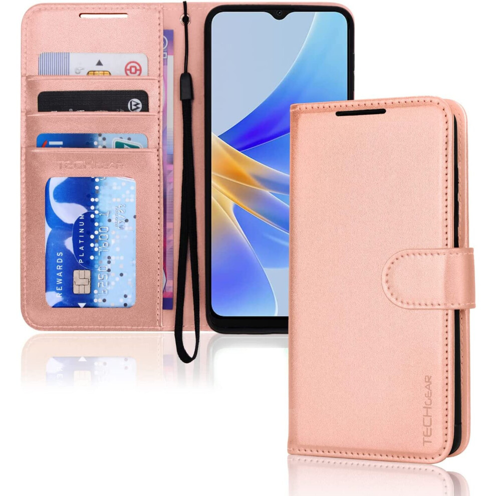 Techgear Leather Wallet Case For Oppo A17 Flip Protective Case Cover With Wallet Card Holder, Stand & Wrist Strap - Pu Leather With Magnetic Closure