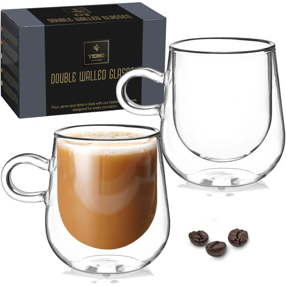 Double Walled Glass Coffee Mug Cups with Handle, Set of 2 Cappuccino Latte Glasses, Hand Made, Heat Resistant, Microwave Safe Glasses, 300ml Cup