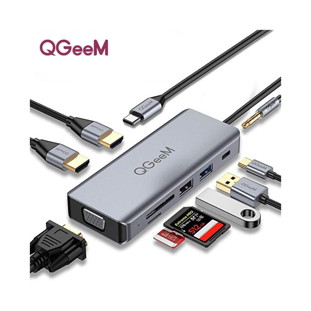 Qgeem 9 In 1 Triple Display Usb C Hub Docking Station Adapter With Dual 4K Hdmi Hd Display 1080P Vga 87W Usb C Pd3.0 Power Delivery Usb 3.0 Usb 2.0 3 Grey 6900074651396