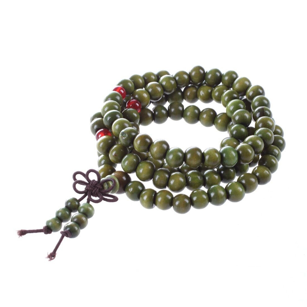 Tlily Olive Sandalwood Beads Buddha Buddhist Stretch Necklace Rosary 29" Green
